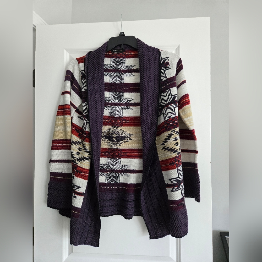 BCBG MaxAzria Sweater Large Multicolor Aztec Cardigan Open Front Southwest